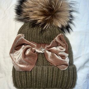 Kids Knit Pom Beanie with Velvet Bow - Olive Green